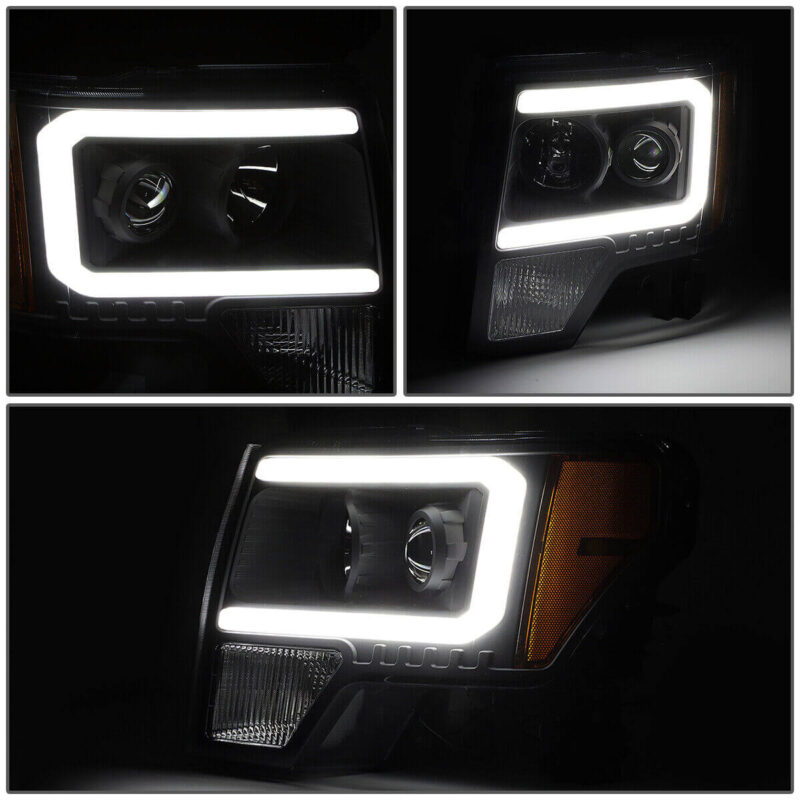 For 2009-2014 F150 Headlights Black Led Projector Headlights with Amber Lights