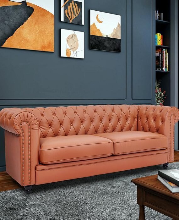 Vintage Chesterfield Leather Sofa Wood Oak Feet