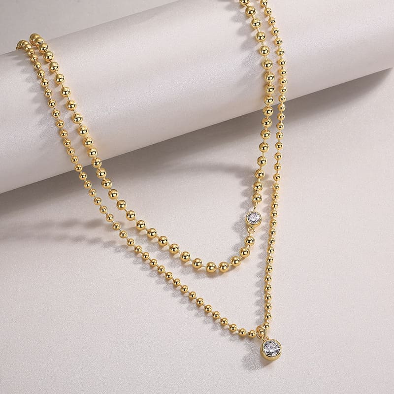 18K Gold Plated 925 Sterling Silver Bead Necklace With Moissanite