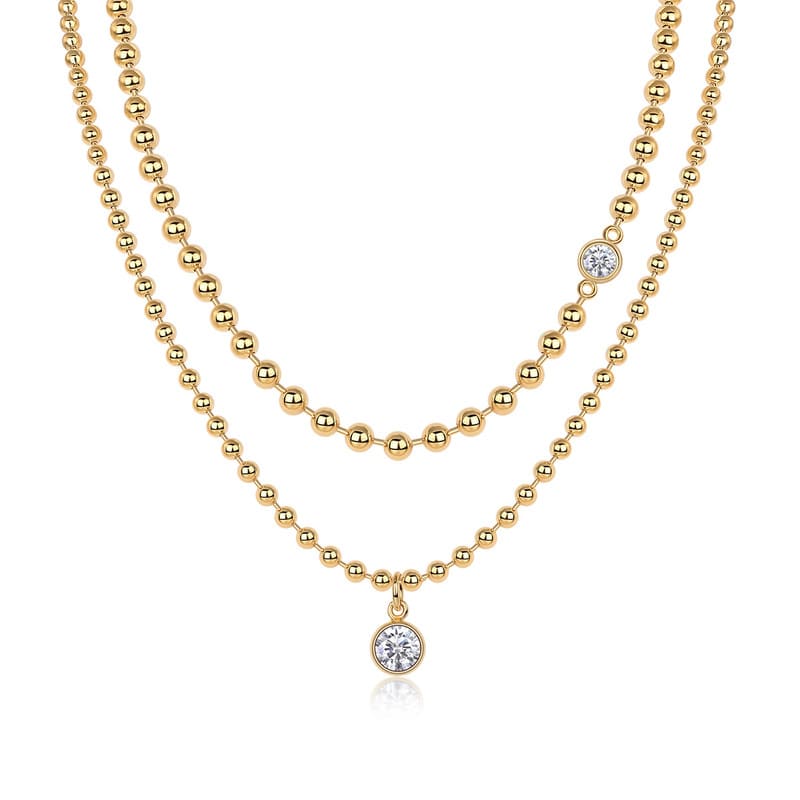 Alternative view of 18K Gold Plated 925 Sterling Silver Bead Necklace With Moissanite