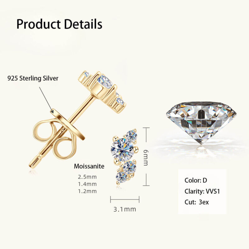 Bolt Cut Sparkle Moissanite Ear Studs S925 1