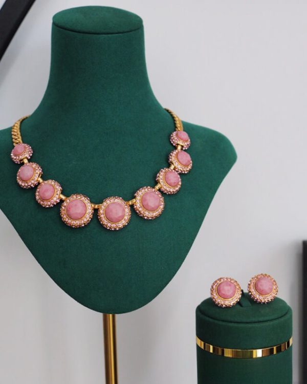 Gold Plated Round Gemstone Necklace Pink Set