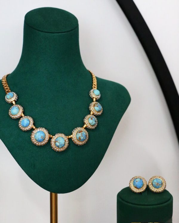 Gold Plated Round Gemstone Necklace Blue Set