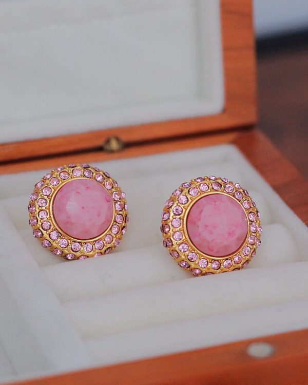 Gold Plated Round Gemstone PINK EARRING