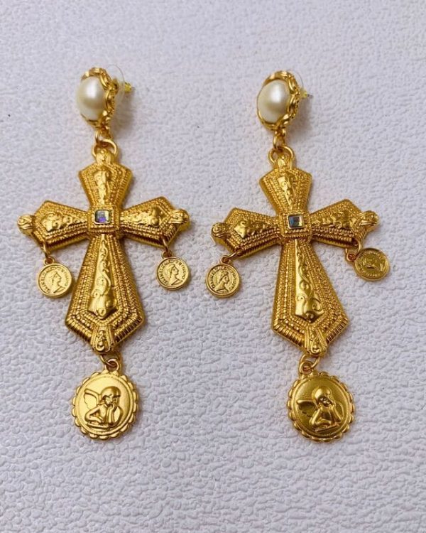 Pray Gold Plated Vintage Cross Earrings 1