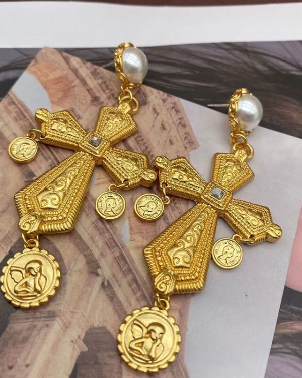 Pray Gold Plated Vintage Cross Earrings (2)
