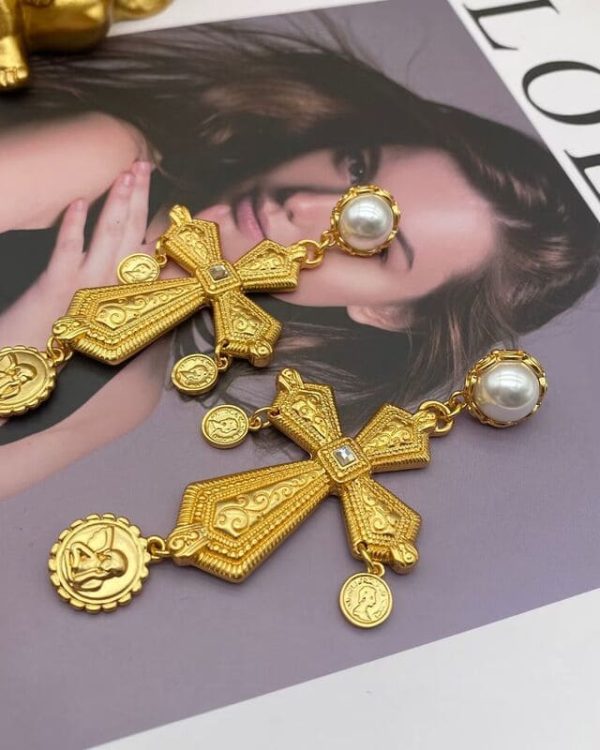 Pray Gold Plated Vintage Cross Earrings 4