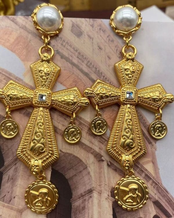 Pray Gold Plated Vintage Cross Earrings 5