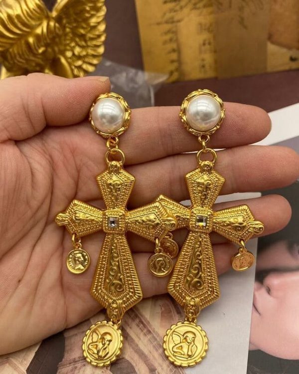 Alternative view of Pray Gold Plated Vintage Cross Earrings