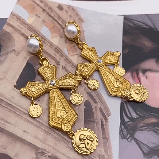 Pray Gold Plated Vintage Cross Earrings