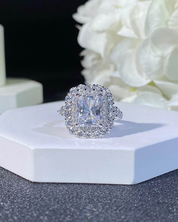 Square Halo Ring Sterling Silver 925 Full Diamond 5
