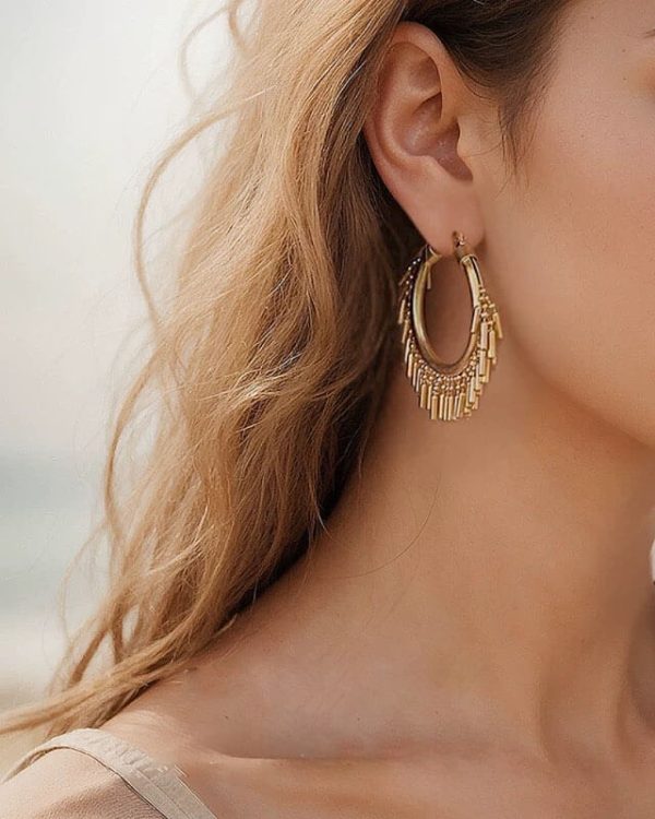 Vintage Brass Earrings Fringe Hoops 5