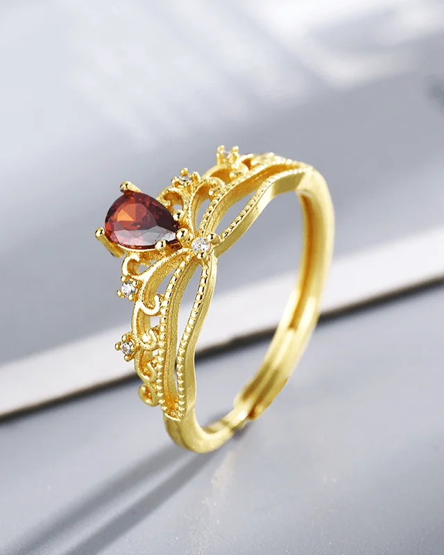 Vine Crown Teardrop Garnet Stacking Band Engagement Rings