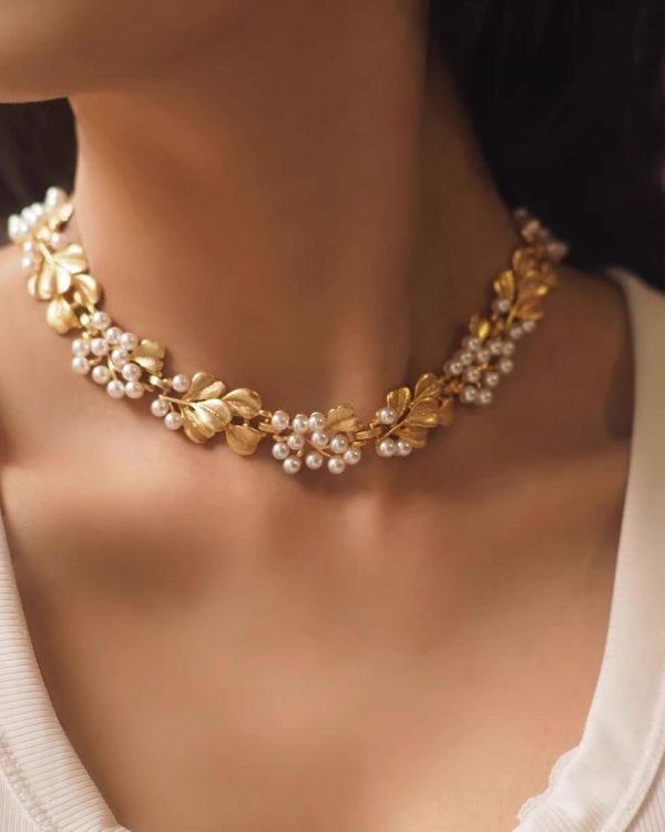 Ginkgo Leaves Pearl Flower Ribbon Necklace 1