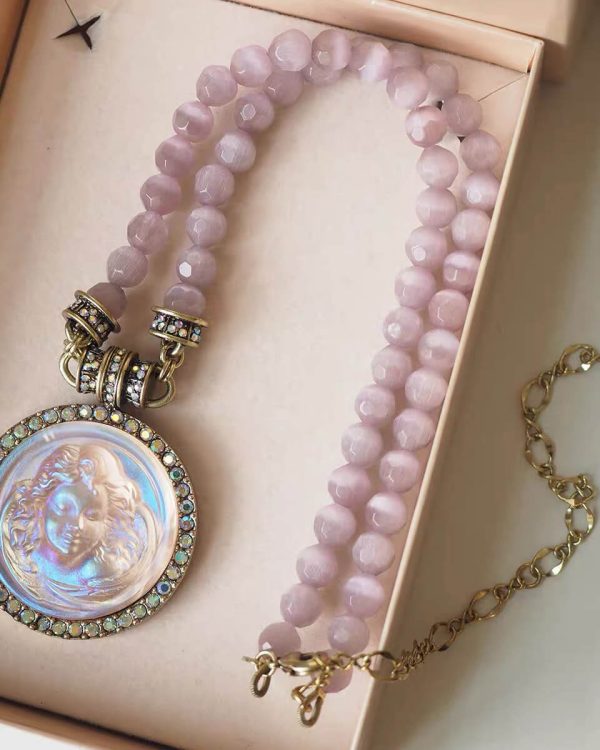 Pink Cats Eye Beads Carved Angel Pendant Necklace 1