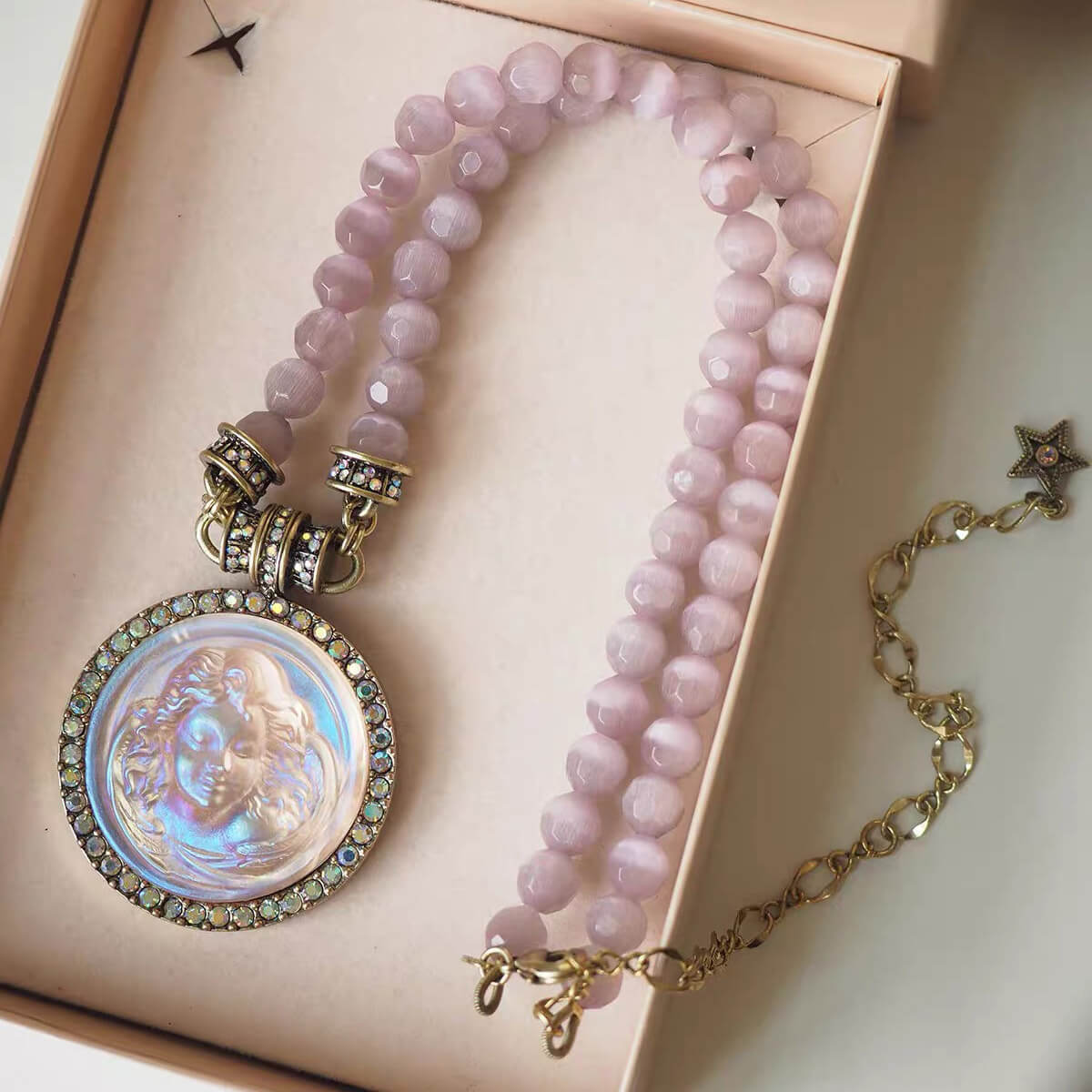 Pink Cat's Eye Beads Carved Angel Pendant Necklace - Image 6