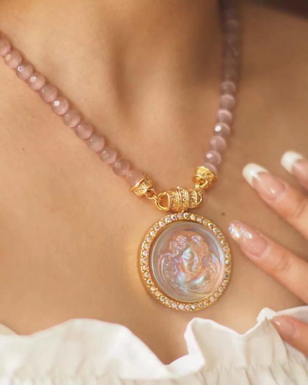 Pink Cats Eye Beads Carved Angel Pendant Necklace 2