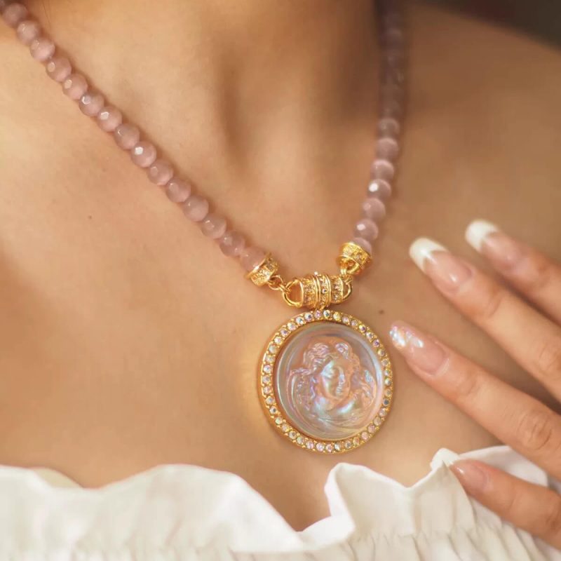 Pink Cats Eye Beads Carved Angel Pendant Necklace 2