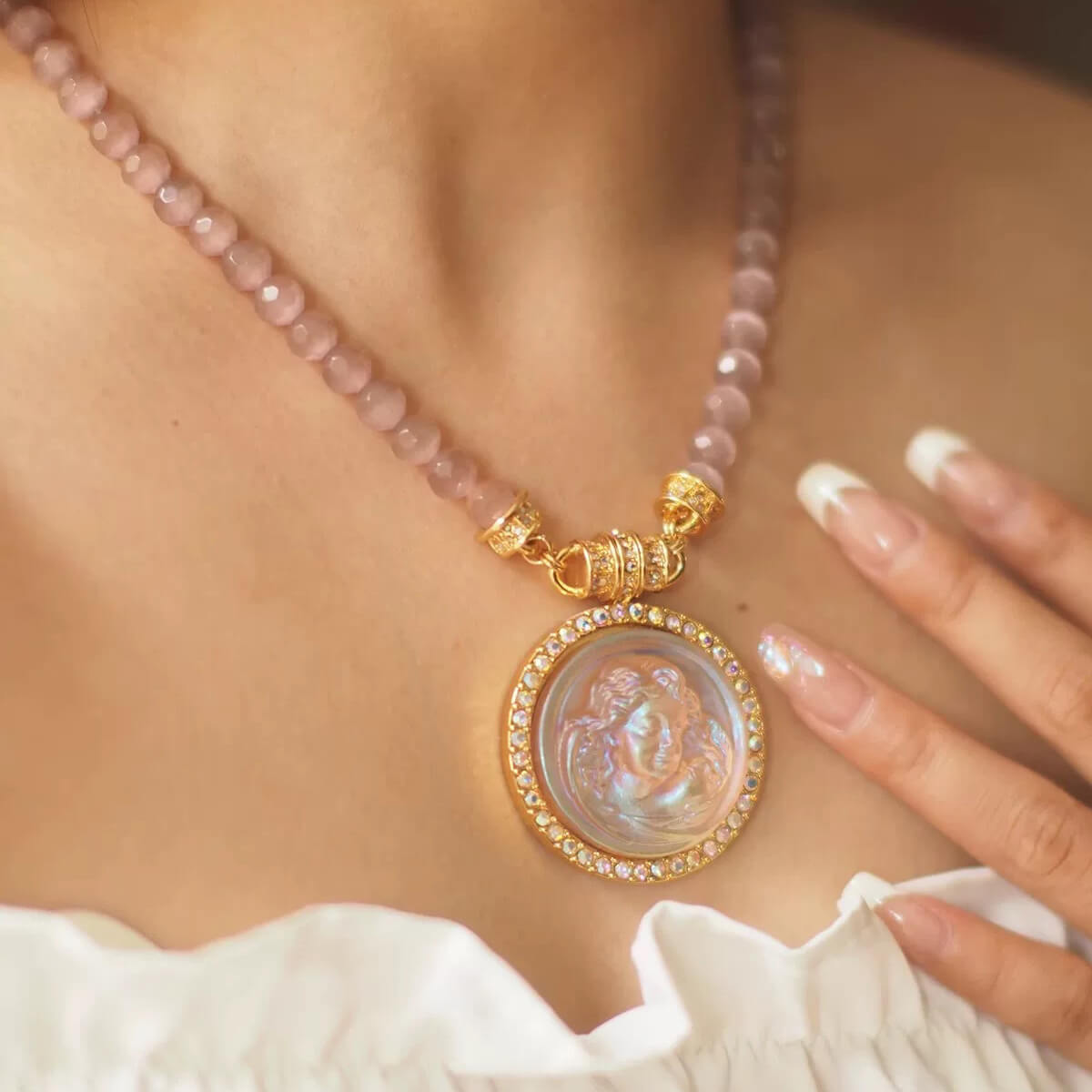 Pink Cat's Eye Beads Carved Angel Pendant Necklace - Image 7