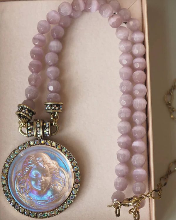 Alternative view of Pink Cat's Eye Beads Carved Angel Pendant Necklace