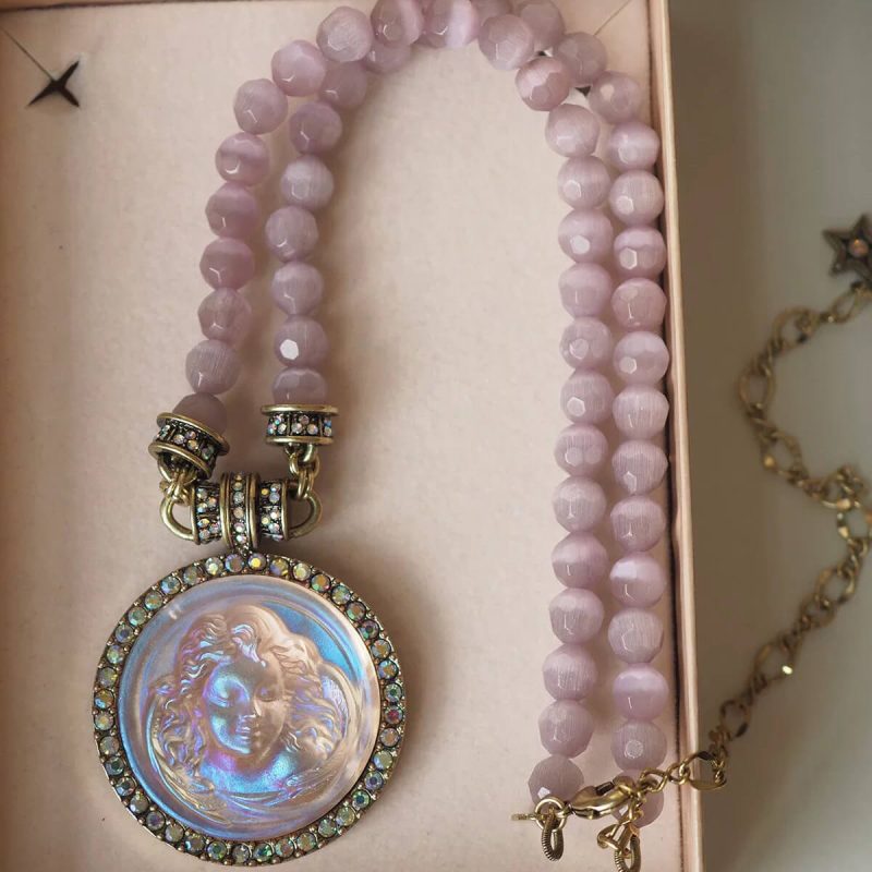 Pink Cats Eye Beads Carved Angel Pendant Necklace 3