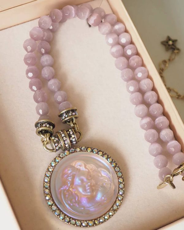 Pink Cats Eye Beads Carved Angel Pendant Necklace 4