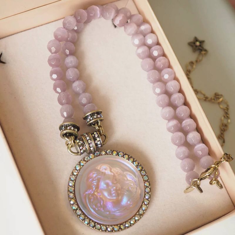 Pink Cats Eye Beads Carved Angel Pendant Necklace 4
