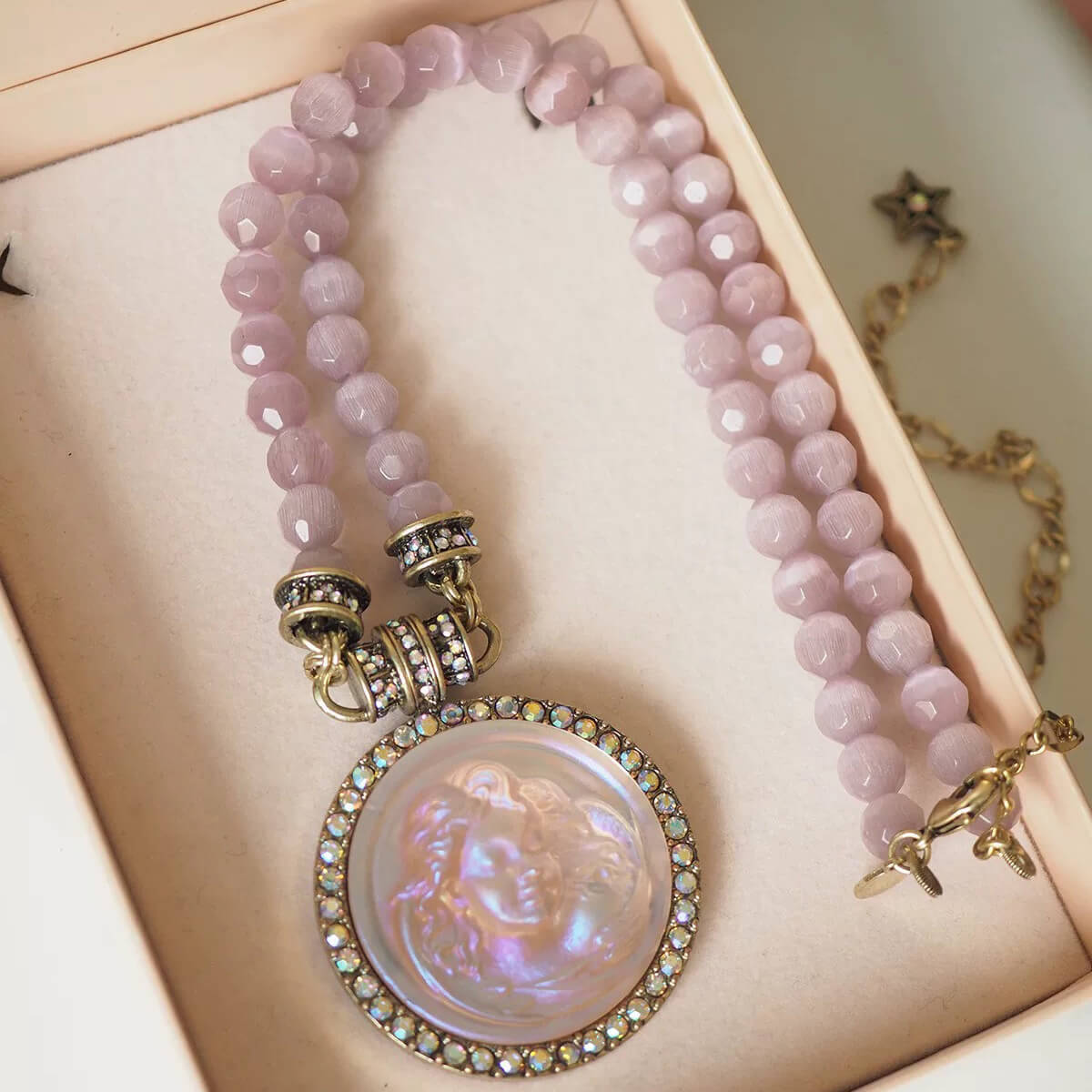 Pink Cat's Eye Beads Carved Angel Pendant Necklace - Image 3