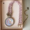 Pink Cat's Eye Beads Carved Angel Pendant Necklace