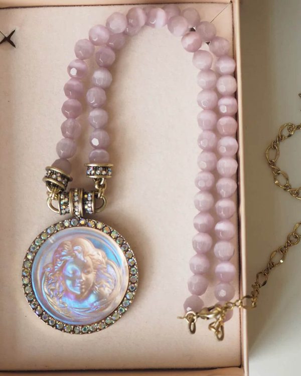 Pink Cat's Eye Beads Carved Angel Pendant Necklace