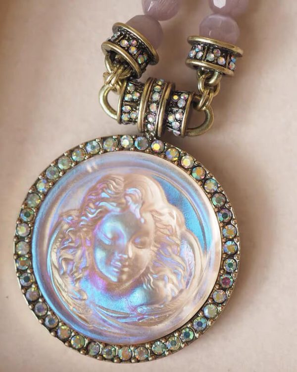 Pink Cats Eye Beads Carved Angel Pendant Necklace 6