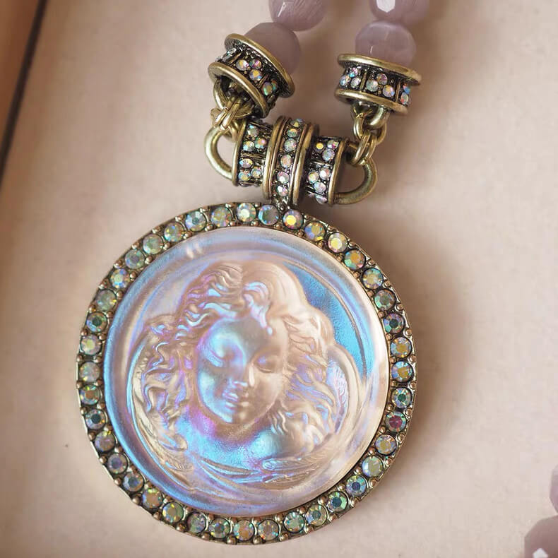 Pink Cats Eye Beads Carved Angel Pendant Necklace 6