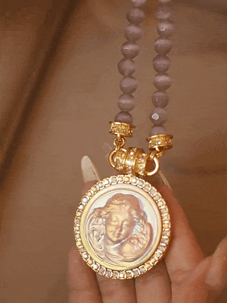 Pink Cat's Eye Beads Carved Angel Pendant Necklace