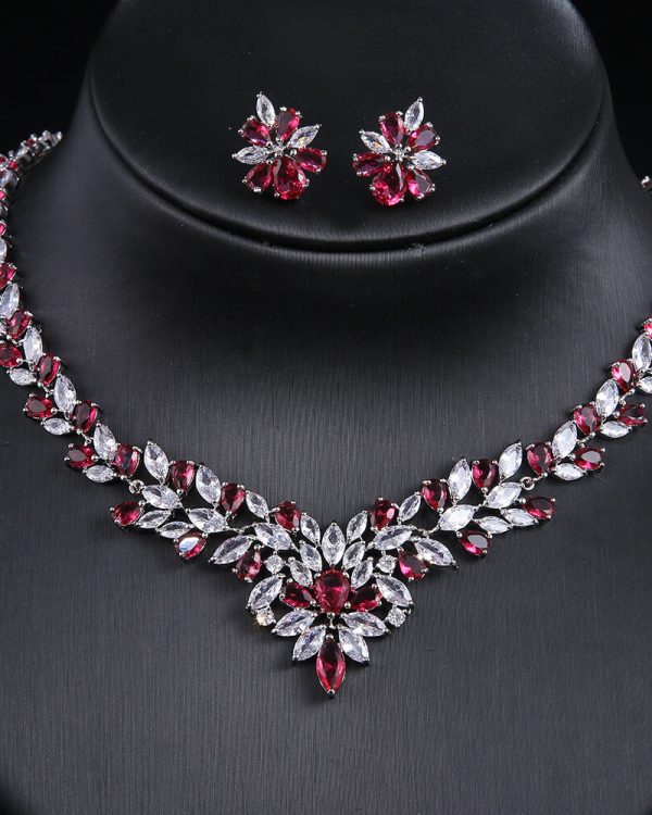 Vintage Marquise Floral Bridal Jewelry Set rose red