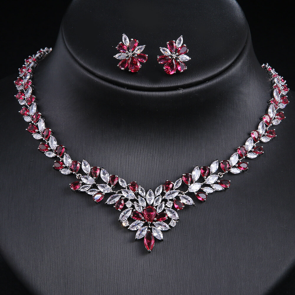 Vintage Marquise Floral Bridal Jewelry Set rose red