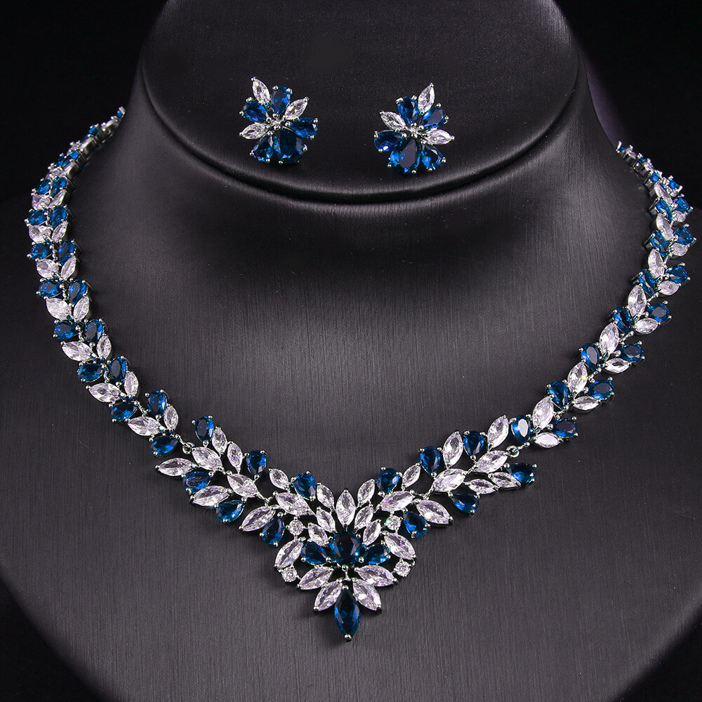 Vintage Marquise Floral Bridal Jewelry Set blue