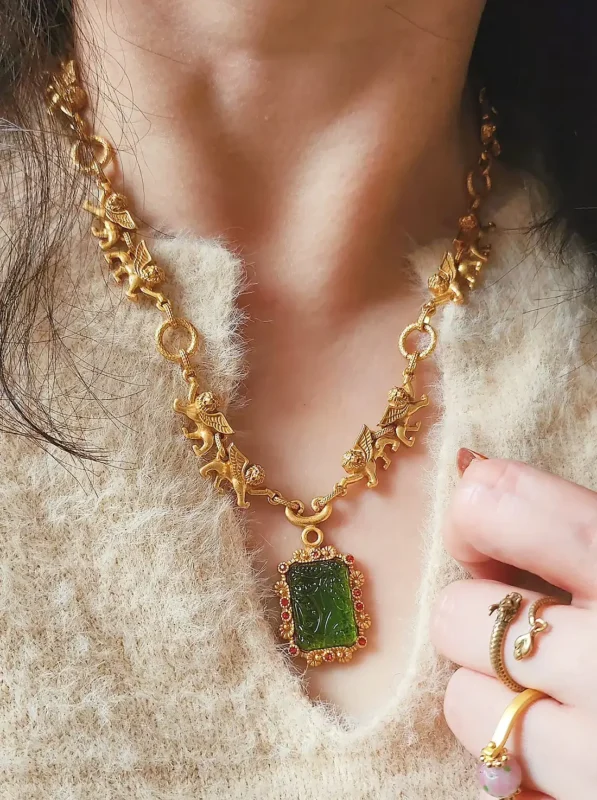 24k Gold Plate Green Gemstone Necklace 1
