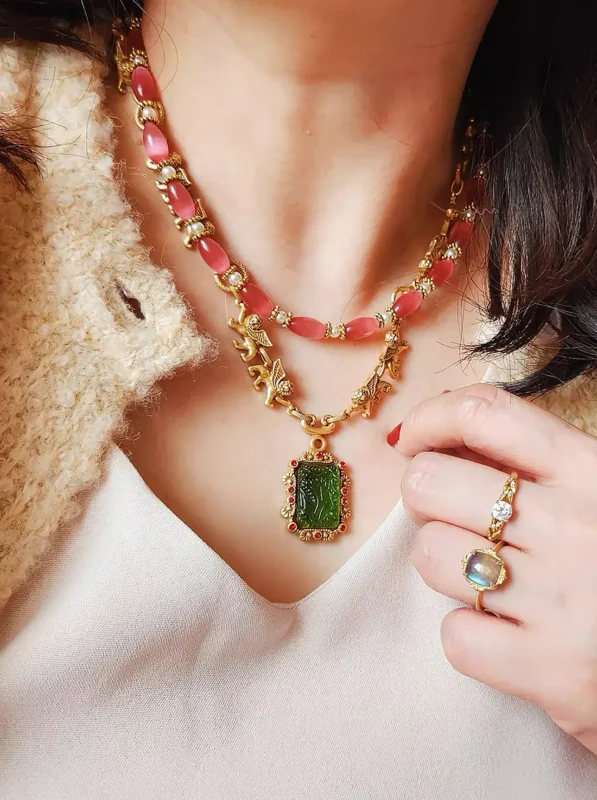 24k Gold Plate Green Gemstone Necklace 3