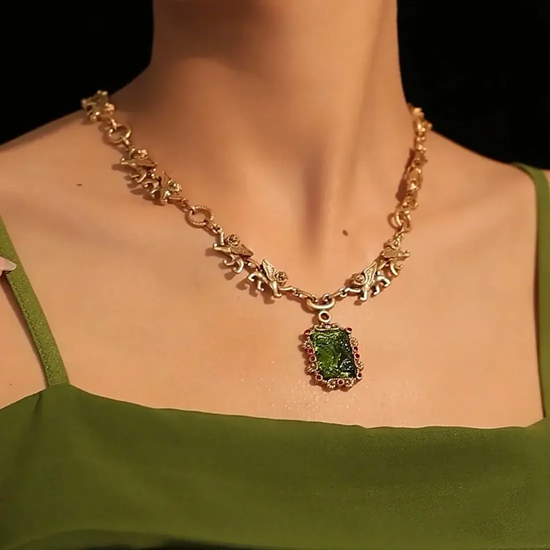24k Gold Plate Green Gemstone Necklace