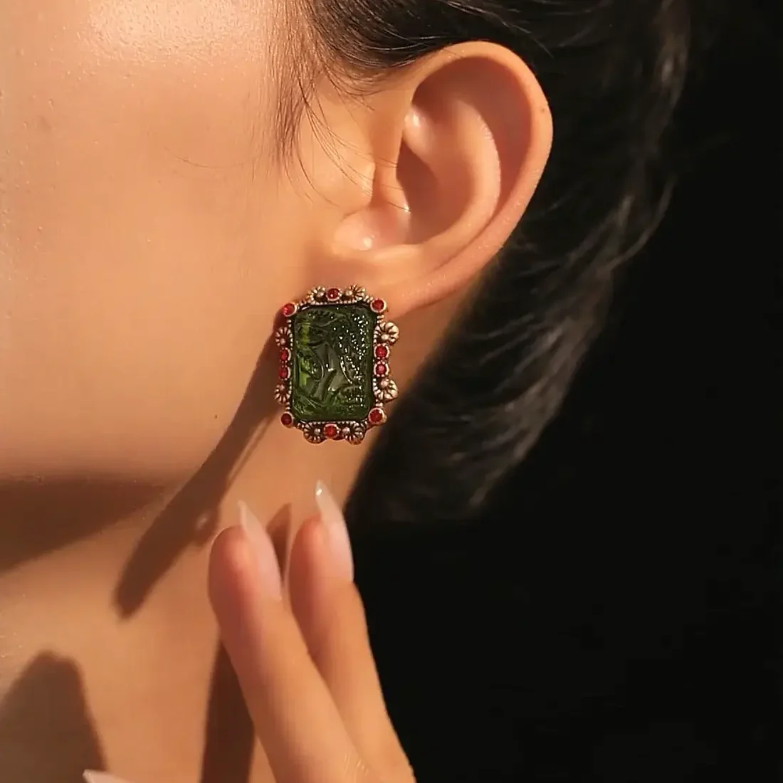 24k Gold Plate Green Gemstone earring