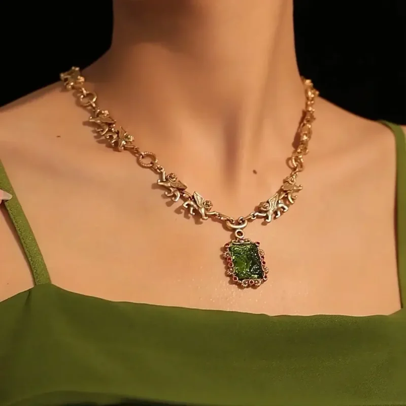 24k Gold Plate Green Gemstone Necklace