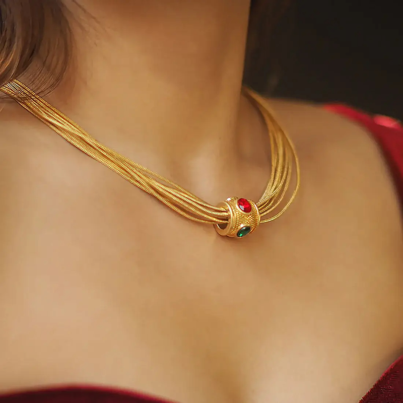 Vintage Layered Necklace with Colorful Gemstones