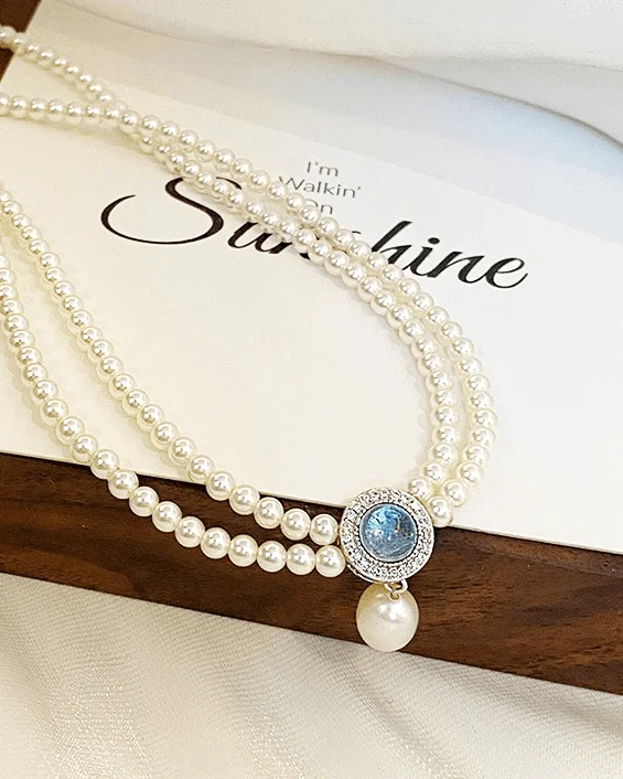 Aquamarine Crystal Pendant Double-layer Pearl Necklace for Women