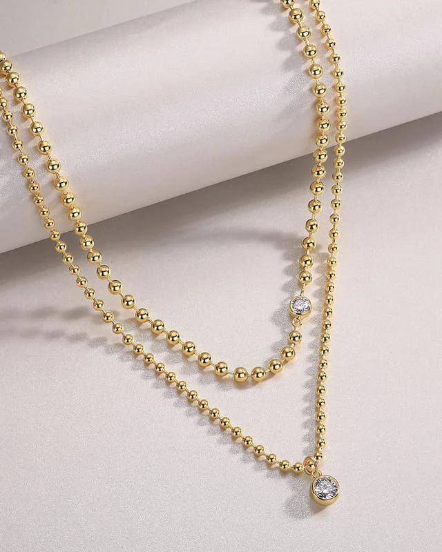 18K Gold Plated 925 Sterling Silver Bead Necklace With Moissanite