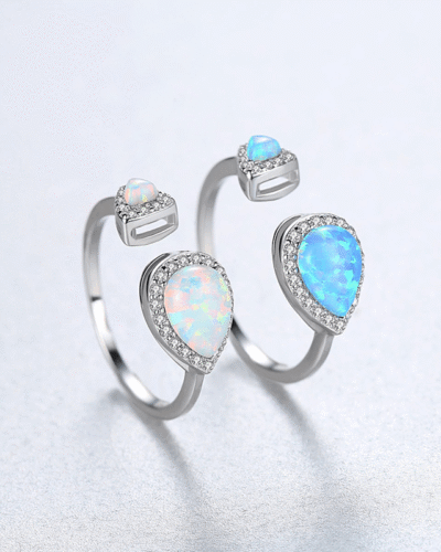 925 Sterling Silver Birthstone Open Opal Teardrop Ring