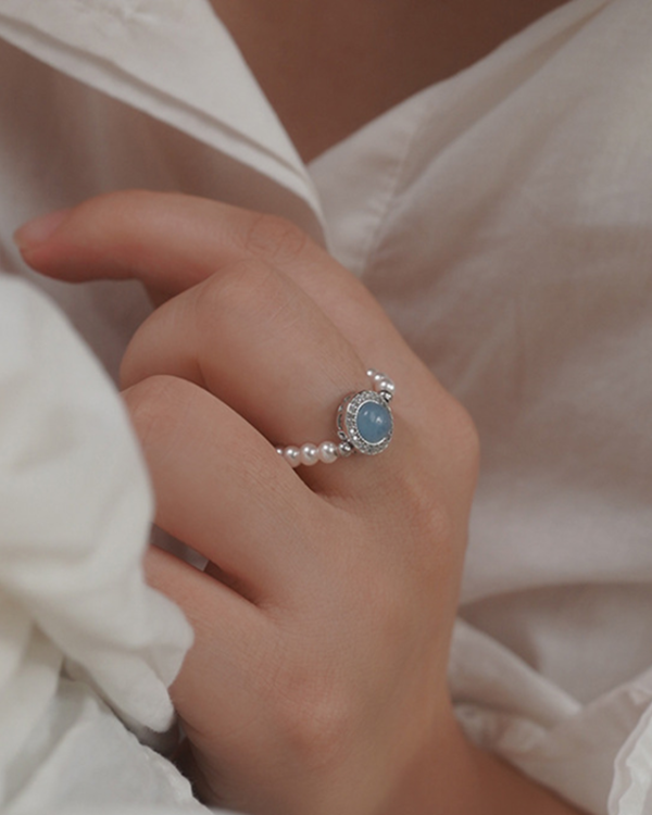 Alternative view of Aquamarine Pearl Bead Ring Knuckle Finger Rings