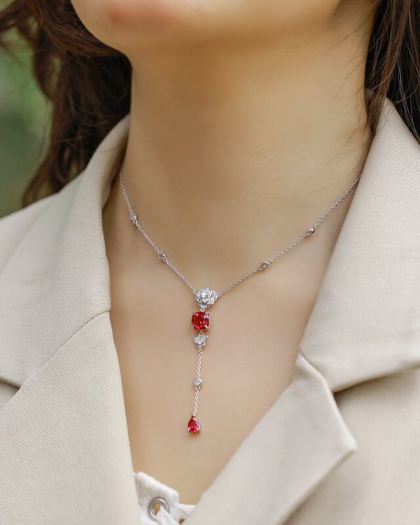 Alternative view of Lab Grown Ruby Rose Long Chain Necklace Birthstone Jewelry