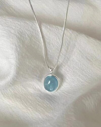 Alternative view of Oval Aquamarine Birthstone Necklace Snake Bone Chain