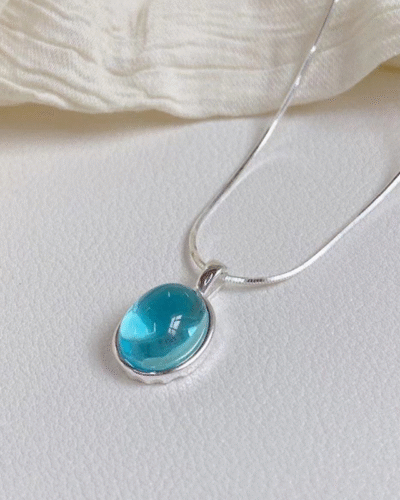 Oval Aquamarine Birthstone Necklace Snake Bone Chain