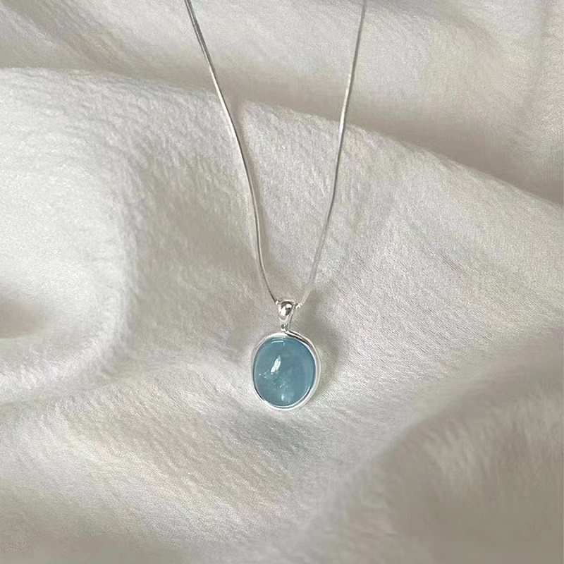 Alternative view of Oval Aquamarine Birthstone Necklace Snake Bone Chain